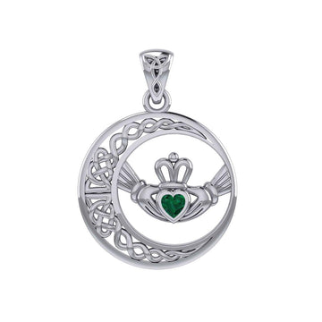 Celtic Crescent Moon and Claddagh with Heart Gemstone Silver Pendant TPD6127 - Jewelry